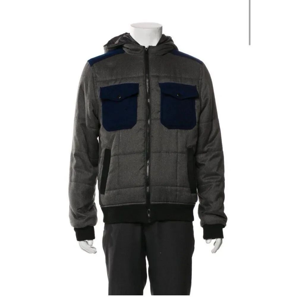 saks fifth avenue Men’s Gray Blue Hooded Long Sleeve Puffer Jacket Coat Medium